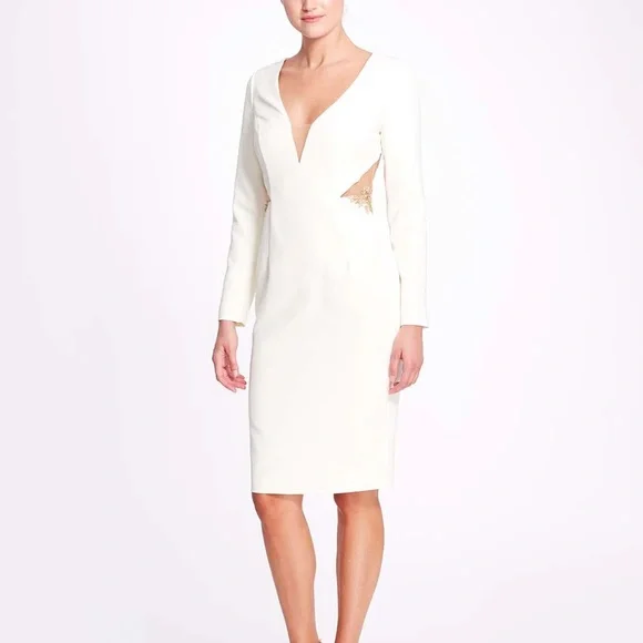 Marchesa | Dresses | Marchesa Notte Ivory Bridal Long Sleeve Crepe V Neck  Cut Out Dress Size 4 Nwt | Poshmark